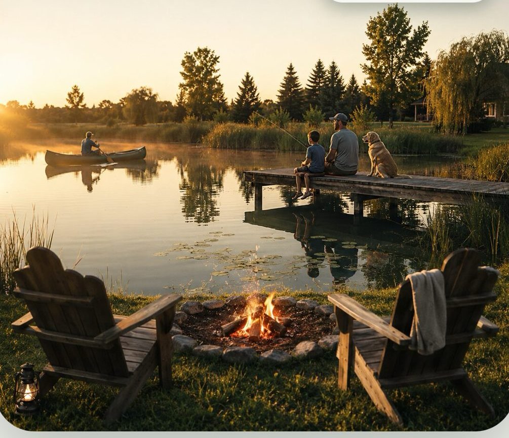 A calm pond at golden hour — a family fishing from a dock with their dog while a canoe crosses the water